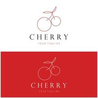 Fresh cherry fruit logo with minimalist leaf line art style. for fruit shop, cherry farm, cake, business, vector