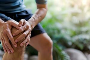 AI generated Knee joint pain in Caucasian man. Concept of osteoarthritis, rheumatoid arthritis or ligament injury photo