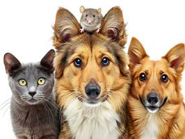 AI generated Friendship of pet mouse, cat and dog. Concept of national pet day. photo