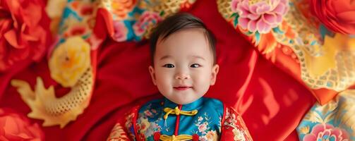 AI generated Happy Asian baby in Chinese traditional dress on bed. Chinese new year concept. photo