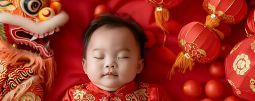 AI generated Sleeping Asian baby on bed. Chinese new year concept. photo