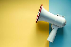 AI generated Megaphone or hand speaker isolated on blue and yellow background with copy space photo