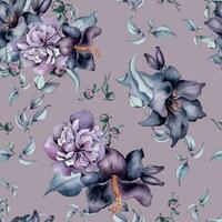 Watercolor black flowers and leaves seamless pattern isolated on purple. Gothic floral print hand drawn. Dark botanical image with lily, peony, bud. Element for textile, backdrop, wallpaper, wrapping vector