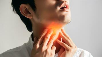 AI generated Inflammation at neck of a man. Concept of sore throat, pharyngitis, laryngitis, thyroiditis, choking photo
