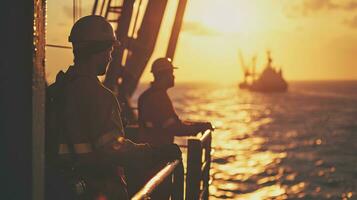 ai generado caucásico industrial trabajadores en el petróleo tubo estación a mar durante puesta de sol foto