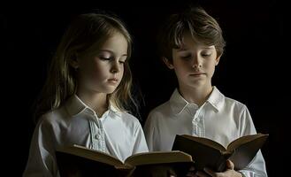 ai generado caucásico pequeño chico y niña leyendo santo Biblia libro. aislado en negro antecedentes foto