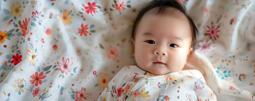 AI generated Sleeping Asian baby on the bed photo