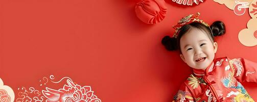 AI generated Cute Asian baby in Chinese traditional dress. Happy Chinese new year concept. photo