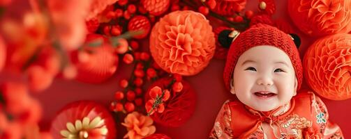 AI generated Cute Asian baby in Chinese traditional dress. Happy Chinese new year concept. photo
