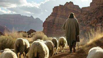 AI generated Jesus Christ, good shepherd and flock of sheep photo
