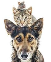 AI generated Friendship of pet mouse, cat and dog. Concept of national pet day. photo