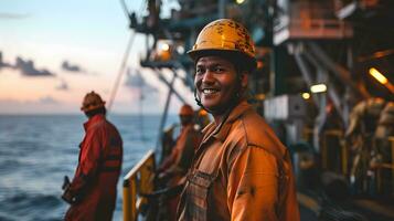 ai generado asiático industrial trabajadores en el petróleo tubo estación a mar foto