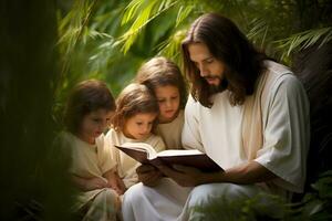 ai generado Jesús Cristo y niños leyendo libro en el jardín foto