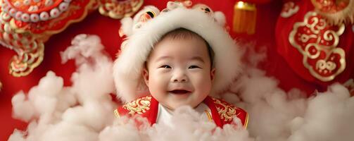 AI generated Cute Asian baby in Chinese traditional dress. Happy Chinese new year concept. photo