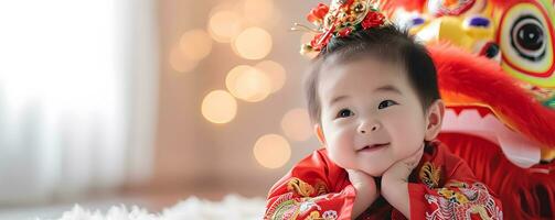 AI generated Portrait of happy Asian baby. Chinese new year concept. photo