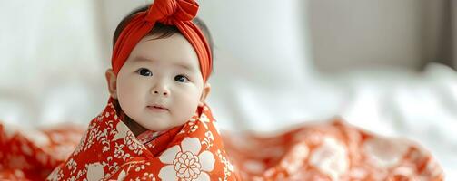 AI generated Cute Asian baby on the bed photo