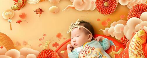 AI generated Sleeping Asian baby on bed. Chinese new year concept. photo