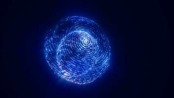 resumen brillante serpenteado ligero de alta tecnología energía azul redondo pelota esfera átomo coágulo de energía desde líneas y partículas futurista, resumen antecedentes video