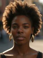 AI generated Outdoor portrait of a black woman with sun light photo
