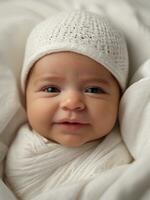 ai generado pacífico recién nacido felicidad un sereno del bebe sonrisa capturado en un blanco cama, simbolizando salud y felicidad foto