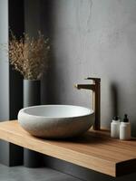 AI generated Close up of stylish stone round sink on wooden counter and black faucet on grey stucco wall. Minimalist interior design of modern bathroom. photo