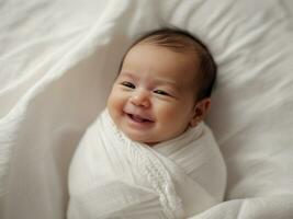 ai generado pacífico recién nacido felicidad un sereno del bebe sonrisa capturado en un blanco cama, simbolizando salud y felicidad foto
