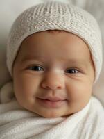 AI generated Peaceful Newborn Bliss A Serene Baby's Smile Captured on a White Bed, Symbolizing Health and Happiness photo