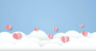 valentine day, hearts and clouds in the sky , paper art style vector