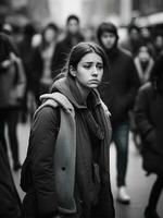 ai generado mental salud problemas, joven mujer soportes en multitud de personas en un brumoso y triste humor. foto