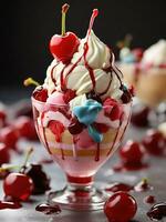 AI generated Mouthwatering Rainbow Ice Cream Sundaes Garnish with a glazed cherry on top. photo