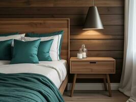 AI generated Bedside cabinets, bedside drawers and lamps near the bed, wood paneled walls. Modern bedroom interior design. photo