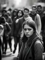 AI generated Mental health problems, young woman stands in crowd of people in a hazy and sad mood. photo