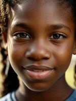 ai generado al aire libre cerca arriba retrato de un linda joven negro niña foto