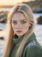 AI generated Beautiful woman with straight blond hair, light blue eyes, uneven skin, distinctive, unconventional and vulnerable appearance, photo