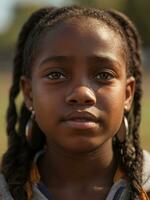 AI generated Outdoor close up portrait of a cute young black girl photo