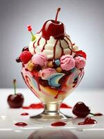 AI generated Mouthwatering Rainbow Ice Cream Sundaes Garnish with a glazed cherry on top. photo