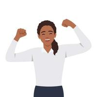 Winning gesture of happy confident woman expressing positive emotion. Successful smiling female character showing strength with fists up. vector