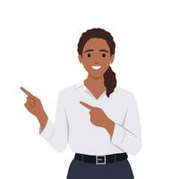 Woman hand pointing finger at left up corner with happy expression and advices use this copy space wisely. vector