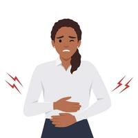 Diarrhea or constipation, problems with health concept. Young sad Woman standing feeling pain in stomach touching it with hands having Abdomen disease and illness. vector