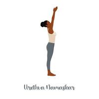 mujer ejecutando urdhva hastasana, hacia arriba mano yoga pose, asana desde surya namaskar secuencia, Dom saludo complejo. vector