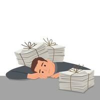 Burnout, overload, overwork concept. Unhappy depressed man office worker sitting with head on heap of documents and feeling stressed and tired in office. vector