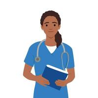 Young nurse in uniform holding notebook and pen to take notes, health worker intern woman standing and smiling. vector