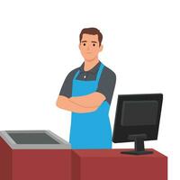 Supermarket store counter desk equipment and cashier clerk in uniform folded his hands. vector