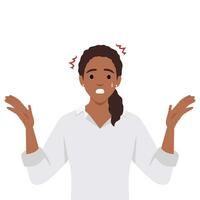 Confused puzzled preoccupied young woman. Panic woman with open hands. vector