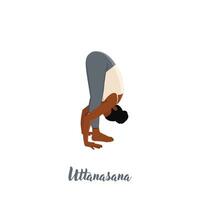Woman doing Uttanasana. Standing forward bend. Caucausian woman performing yoga posture. vector