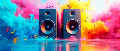 AI generated Speaker system for music in colorful background. Sound and audio equipment. photo