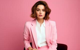 ai generado hermosa y elegante mujer en rosado ropa soportes en contra un rosado antecedentes. estudio disparo. ai generado foto