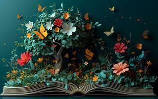 ai generado internacional libro día concepto con hermosa papel Arte bosque y libros. literatura, educación, eco vida, conocimiento, clima cambiar. mundo tierra día concepto. salvar el planeta. foto