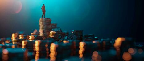 AI generated Successful businessman on top of gold stack coins. Financial growth, strategy, investment and achieving new heights in the market. 3D render design. photo