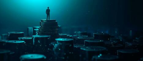 AI generated Successful businessman on top of gold stack coins. Financial growth, strategy, investment and achieving new heights in the market. 3D render design. photo